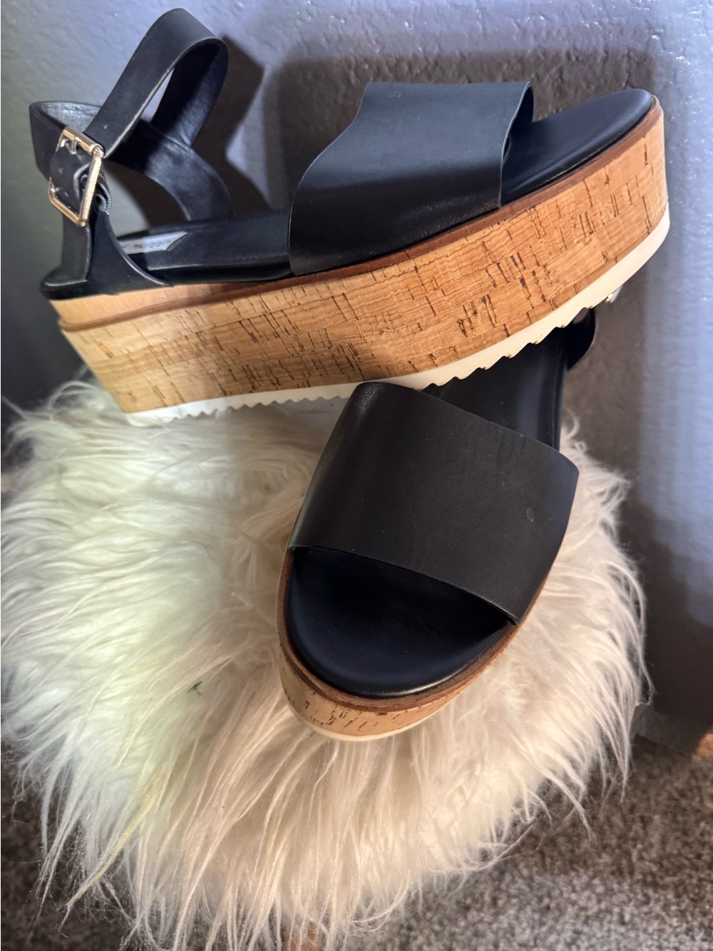 Steve Madden Black Cork Platform Sandals - Picture 2 of 9